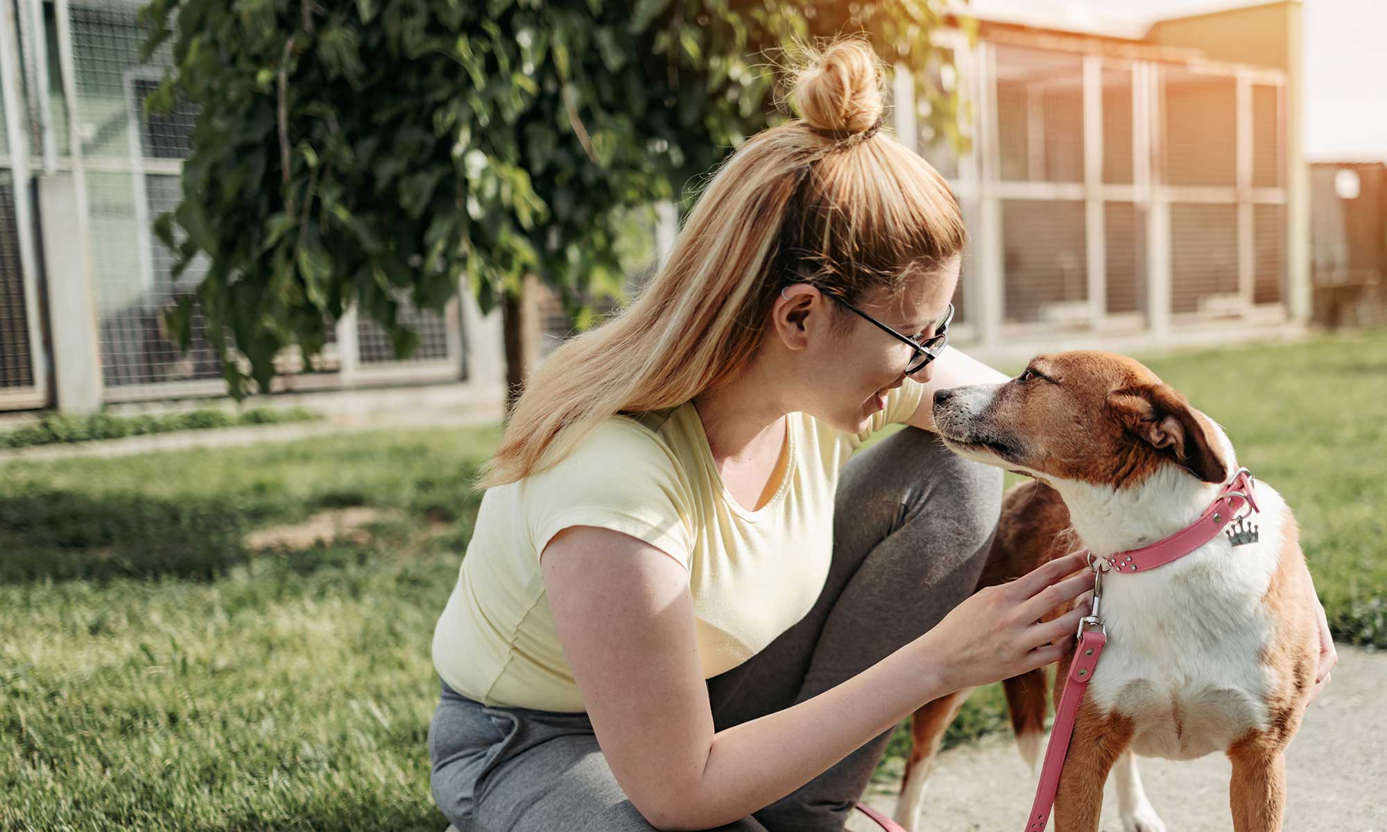 A woman with her dog outdoors